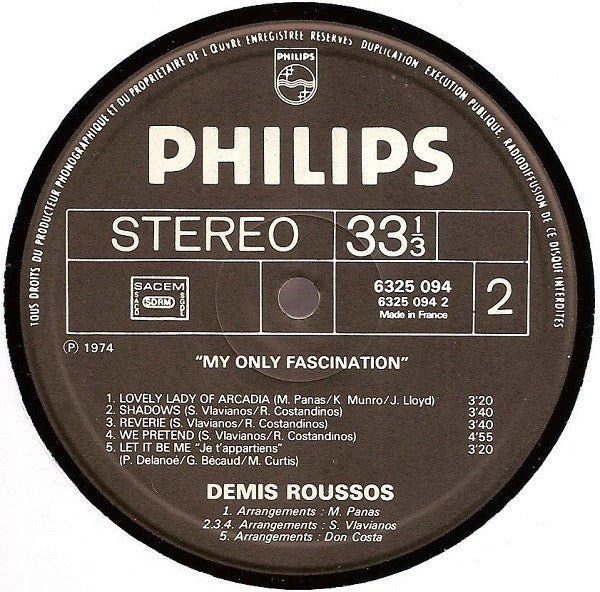 Demis Roussos - My Only Fascination (LP) Vinyl LP Vinyl Very Good (VG) <br> Hoes Good Plus (G+)