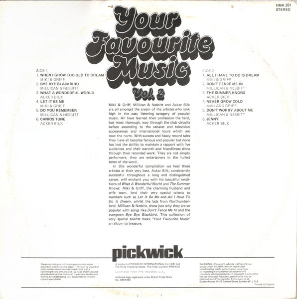 Millican & Nesbitt / Miki & Griff / Acker Bilk - Your Favourite Music Vol. * (LP) Vinyl LP Vinyl Very Good (VG) <br> Hoes Good Plus (G+)