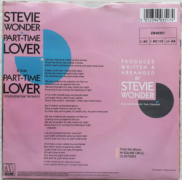 Stevie Wonder - Part-Time Lover Vinyl Singles Vinyl Very Good (VG) <br> Hoes Good Plus (G+)