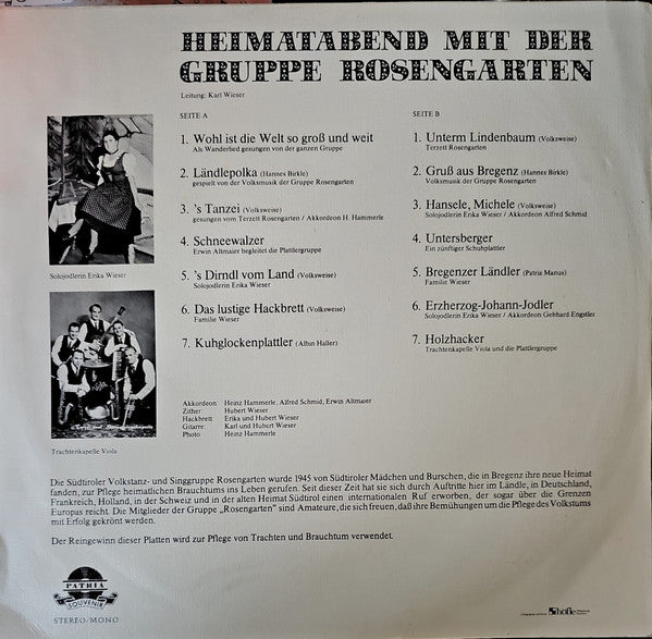 Volkstanz- und Singgruppe Rosengarten - Heimatabend Mit Der Gruppe Rosengarten (LP) Vinyl LP Vinyl Very Good (VG) <br> Hoes Good Plus (G+)