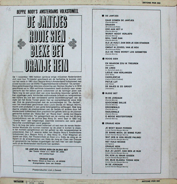 Beppie Nooy's Amsterdams Volkstoneel - De Jantjes - Rooie Sien - Bleke Bet - Oranje Hein (LP) Vinyl LP Vinyl Very Good (VG) <br> Hoes Good Plus (G+)