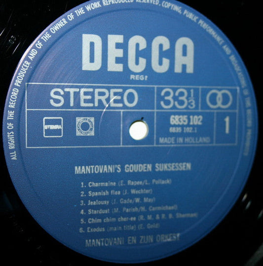 Mantovani En Zijn Orkest - Mantovani's Gouden Suksessen (LP) Vinyl LP Vinyl Zeer Goed / Hoesje Goed "VINYLSINGLES.NL"