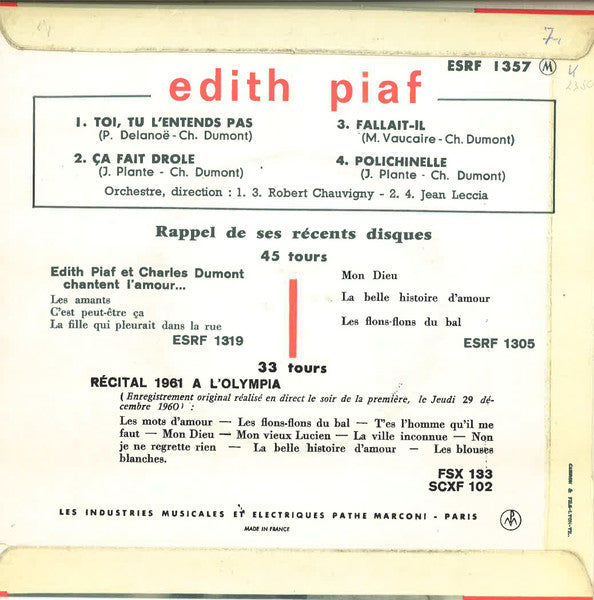 Edith Piaf - Toi, Tu L'Entends Pas 39930 Vinyl Singles EP Vinyl Very Good (VG) <br> Hoes Good Plus (G+)