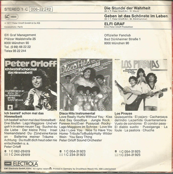 Elfi Graf - Die Stunde Der Wahrheit Vinyl Singles Vinyl Very Good (VG) <br> Hoes Good Plus (G+)