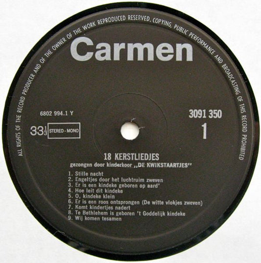 Kinderkoor De Kwikstaartjes - 18 Kerstliedjes (LP) Vinyl LP Vinyl Zeer Goed / Hoesje Goed "VINYLSINGLES.NL"