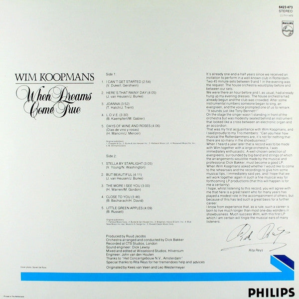 Wim Koopmans - When Dreams Come True (LP) Vinyl LP Vinyl Very Good (VG) <br> Hoes Good Plus (G+)