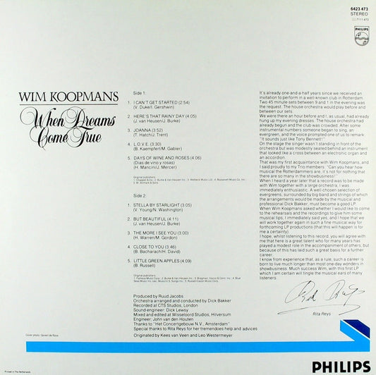 Wim Koopmans - When Dreams Come True (LP) Vinyl LP Vinyl Zeer Goed / Hoesje Goed "VINYLSINGLES.NL"