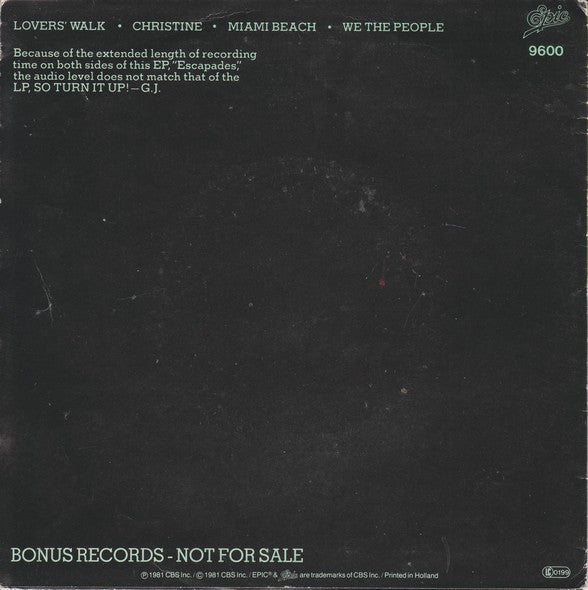 Garland Jeffreys - Escapades Vinyl Singles Vinyl Very Good (VG) <br> Hoes Good Plus (G+)