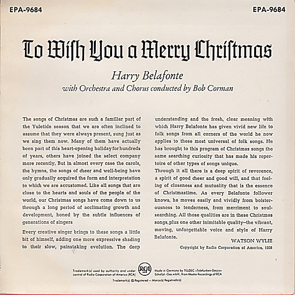 Harry Belafonte - To Wish You A Merry Christmas Vinyl Singles EP Vinyl Very Good (VG) <br> Hoes Good Plus (G+)