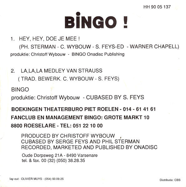 Bingo! - Hey, Hey, Doe Je Mee ? Vinyl Singles Vinyl Very Good (VG) <br> Hoes Good Plus (G+)