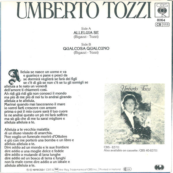 Umberto Tozzi - Alleluia Se Vinyl Singles Vinyl Very Good (VG) <br> Hoes Good Plus (G+)