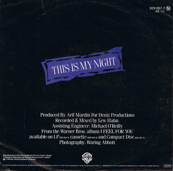 Chaka Khan - This Is My Night Vinyl Singles Vinyl Very Good (VG) <br> Hoes Good Plus (G+)