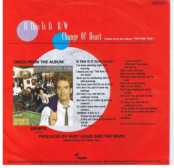 Huey Lewis & The News - If This Is It Vinyl Singles Vinyl Very Good (VG) <br> Hoes Good Plus (G+)