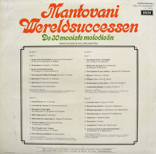 Mantovani - Wereldsuccessen - De 30 Mooiste Melodieën (LP) 44265 Vinyl LP Dubbel Vinyl Zeer Goed / Hoesje Goed "VINYLSINGLES.NL"