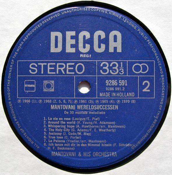 Mantovani - Wereldsuccessen - De 30 Mooiste Melodieën (LP) 44265 Vinyl LP Dubbel Vinyl Very Good (VG) <br> Hoes Good Plus (G+)