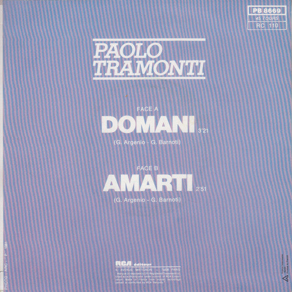 Paolo Tramonti - Domani Vinyl Singles Vinyl Very Good (VG) <br> Hoes Good Plus (G+)
