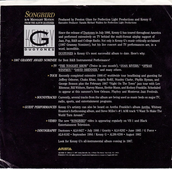 Kenny G - Songbird Vinyl Singles Vinyl Very Good (VG) <br> Hoes Good Plus (G+)