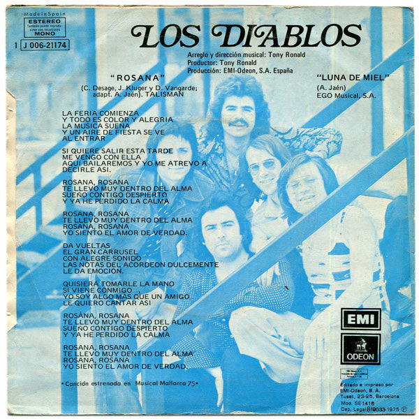Los Diablos - Rosana Vinyl Singles Vinyl Very Good (VG) <br> Hoes Good Plus (G+)