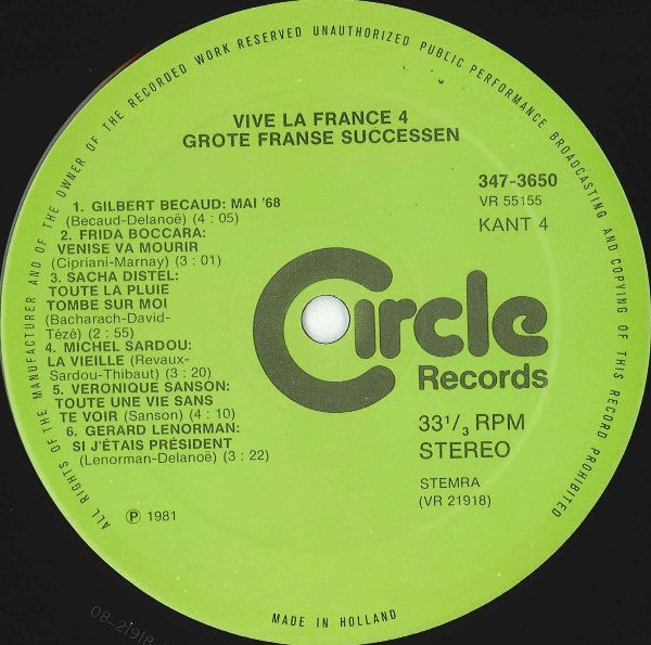 Various - Vive La France 4 -Grote Franse Successen (LP) Vinyl LP Dubbel Vinyl Very Good (VG) <br> Hoes Good Plus (G+)