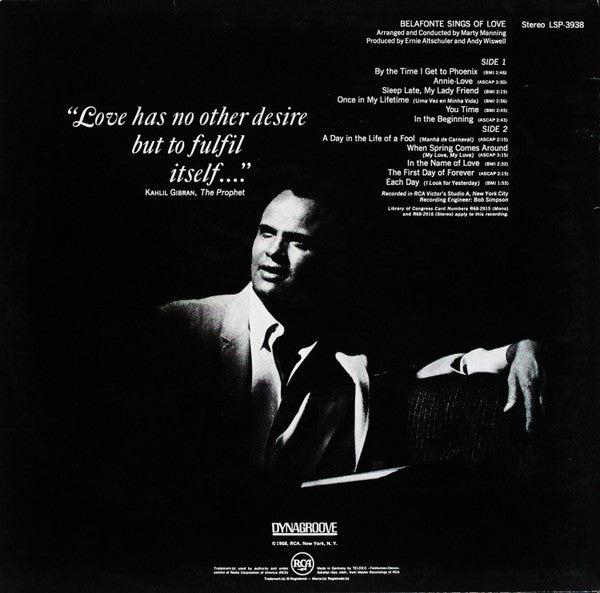 Harry Belafonte - Belafonte Sings Of Love (LP) Vinyl LP Vinyl Very Good (VG) <br> Hoes Good Plus (G+)
