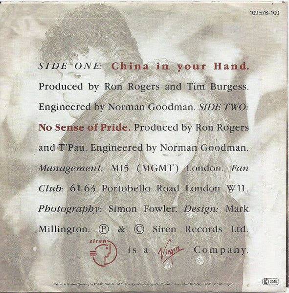 T'Pau - China In Your Hand Vinyl Singles Vinyl Very Good (VG) <br> Hoes Good Plus (G+)