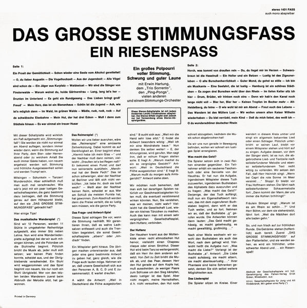 Various - Das Grosse Stimmungsfass (Ein Riesenspass) (LP) Vinyl LP Vinyl Very Good (VG) <br> Hoes Good Plus (G+)