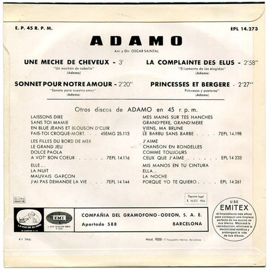 Adamo - Une Meche De Cheveux Vinyl Singles EP Vinyl Zeer Goed / Hoesje Goed "VINYLSINGLES.NL"