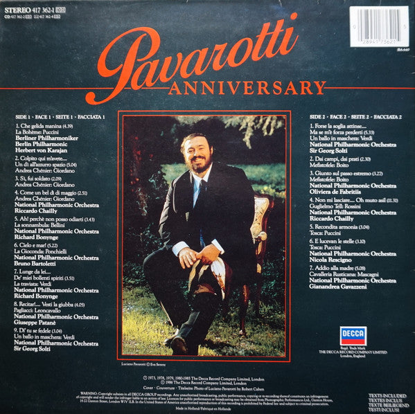 Luciano Pavarotti - Anniversary (LP) Vinyl LP Vinyl Very Good (VG) <br> Hoes Good Plus (G+)