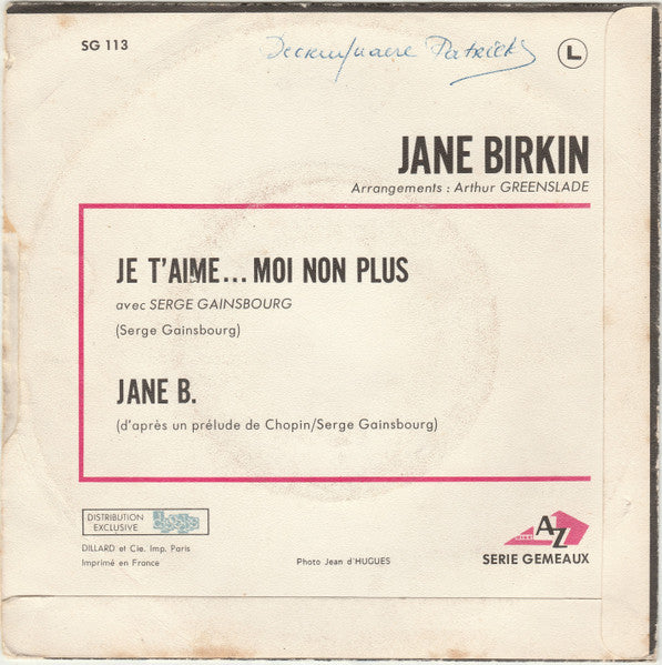 Jane Birkin - Je T'aime... Moi Non Plus 42708 Vinyl Singles Vinyl Very Good (VG) <br> Hoes Good Plus (G+)