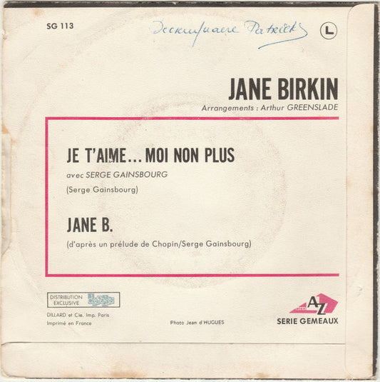 Jane Birkin - Je T'aime... Moi Non Plus 42708 Vinyl Singles Vinyl Zeer Goed / Hoesje Goed "VINYLSINGLES.NL"