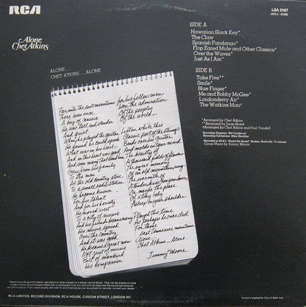 Chet Atkins - Alone (LP) Vinyl LP Vinyl Very Good (VG) <br> Hoes Good Plus (G+)