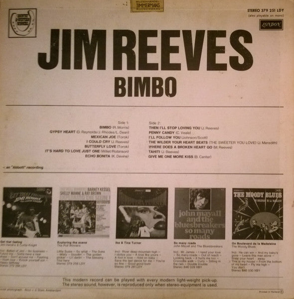Jim Reeves - Bimbo (LP) Vinyl LP Vinyl Very Good (VG) <br> Hoes Good Plus (G+)