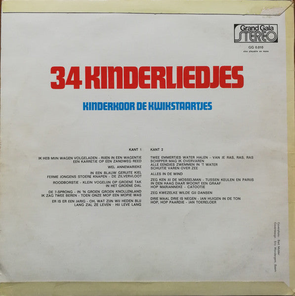 Kinderkoor De Kwikstaartjes - 34 Kinderliedjes Kinderkoor De Kwikstaartjes (LP) Vinyl LP Vinyl Very Good (VG) <br> Hoes Good Plus (G+)