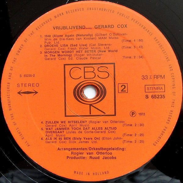 Gerard Cox - Vrijblijvend..., Gerard Cox (LP) Vinyl LP Vinyl Very Good (VG) <br> Hoes Good Plus (G+)