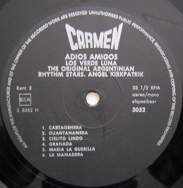 Los Verde Luna / The Original Argentinian Rhythm Stars / Angel Kirkpatrik - Adios Amigos (LP) Vinyl LP Vinyl Very Good (VG) <br> Hoes Good Plus (G+)
