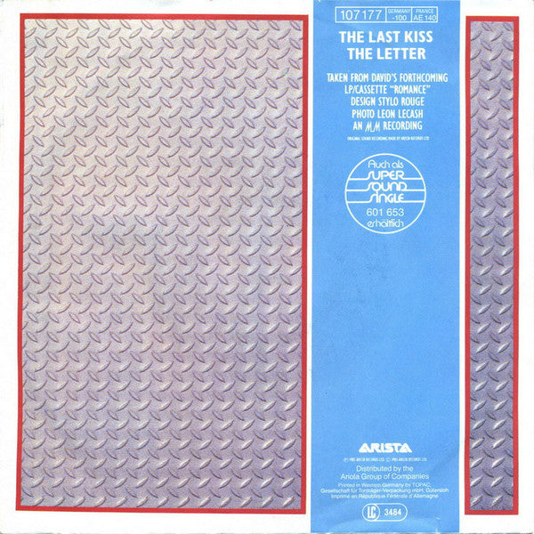 David Cassidy - The Last Kiss Vinyl Singles Vinyl Very Good (VG) <br> Hoes Good Plus (G+)