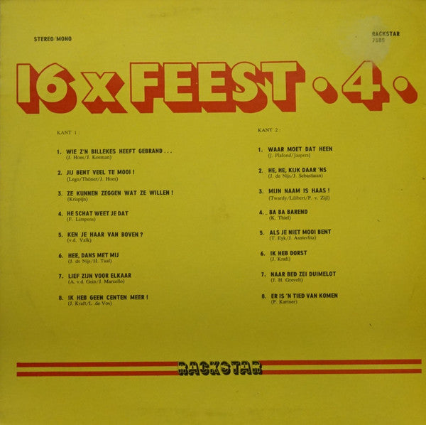 Various - 16 X Feest 4 (LP) Vinyl LP Vinyl Very Good (VG) <br> Hoes Good Plus (G+)