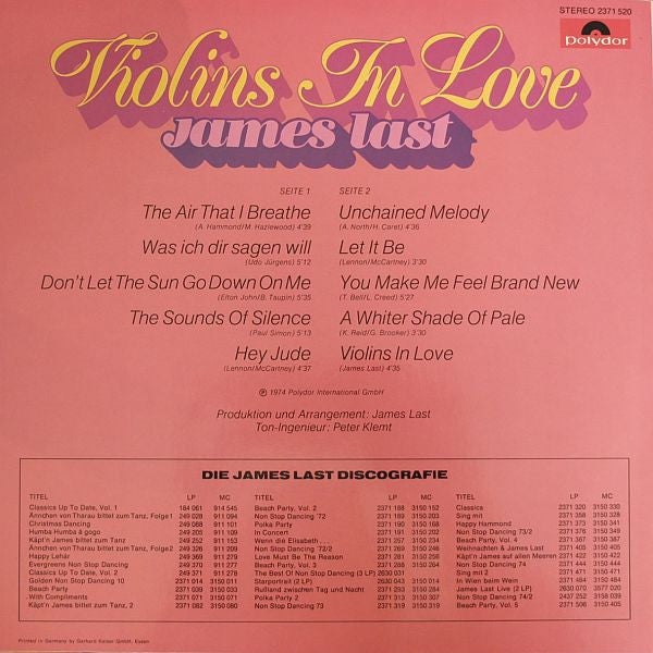 James Last - Violins In Love (LP) Vinyl LP Vinyl Very Good (VG) <br> Hoes Good Plus (G+)