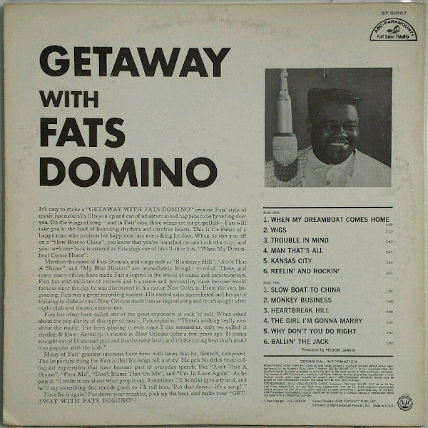 Fats Domino - Getaway With Fats Domino (LP) Vinyl LP Vinyl Very Good (VG) <br> Hoes Good Plus (G+)