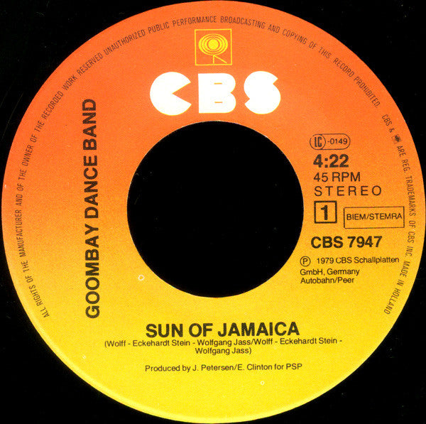 Goombay Dance Band - Sun Of Jamaica Vinyl Singles Vinyl Very Good (VG) <br> Hoes Generic