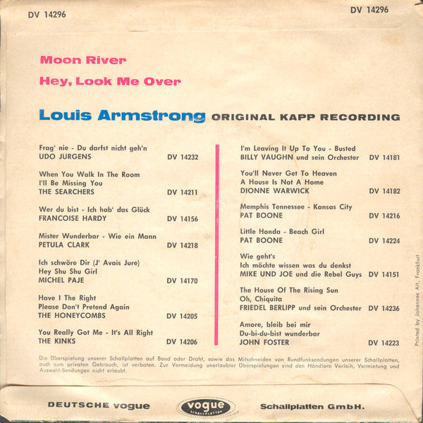 Louis Armstrong - Moon River Vinyl Singles Vinyl Very Good (VG) <br> Hoes Good Plus (G+)