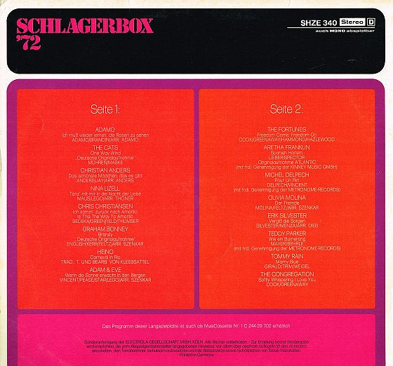 Various - Schlagerbox '72 (LP) Vinyl LP Vinyl Very Good (VG) <br> Hoes Good Plus (G+)