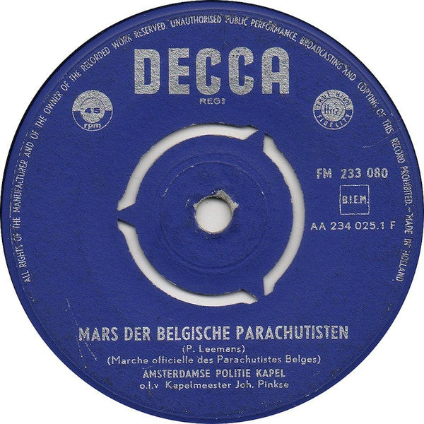 Amsterdamse Politiekapel - Mars Der Belgische Parachutisten Vinyl Singles Vinyl Very Good (VG) <br> Hoes Good Plus (G+)