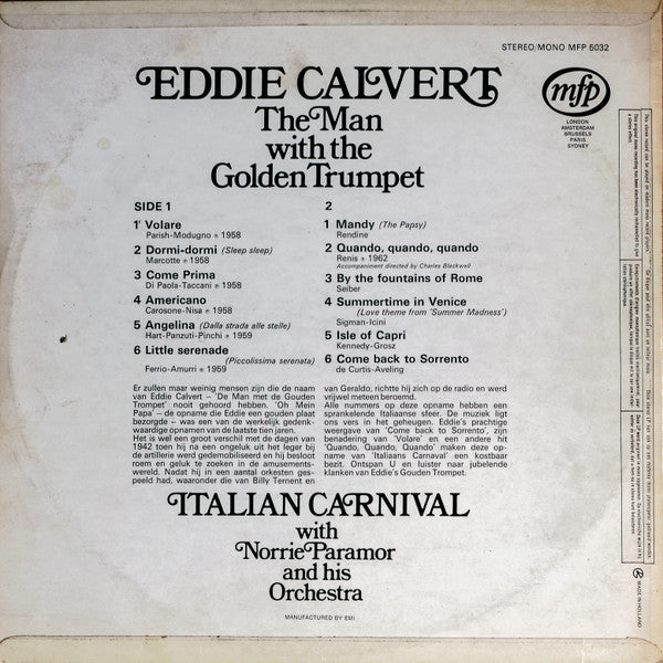 Eddie Calvert - The Man With The Golden Trumpet - Italian Carnival (LP) 43217 Vinyl LP Vinyl Very Good (VG) <br> Hoes Good Plus (G+)