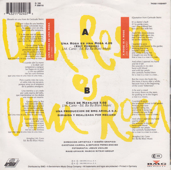 Mecano - Una Rosa Es Una Rosa Vinyl Singles Vinyl Very Good (VG) <br> Hoes Good Plus (G+)