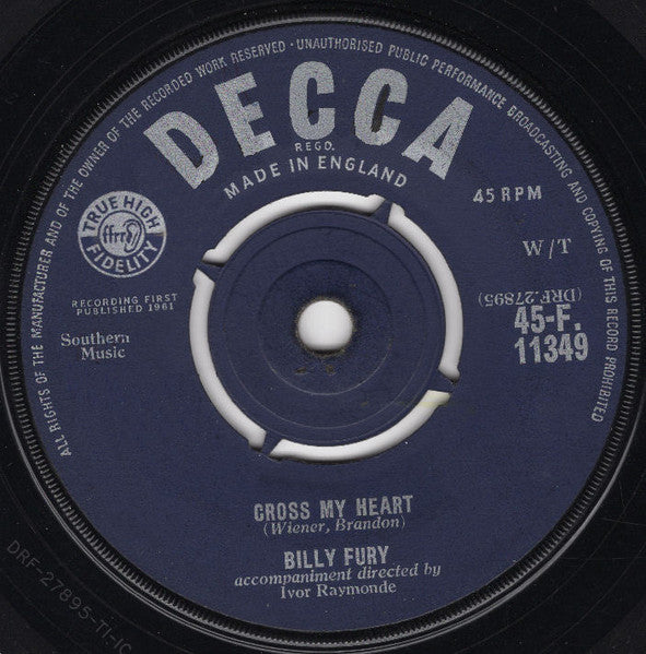 Billy Fury - Halfway To Paradise Vinyl Singles Vinyl Very Good (VG) <br> Hoes Generic