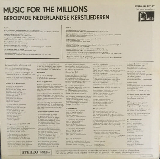 Various - Music For The Millions: Beroemde Nederlandse Kerstliederen (LP) ** Vinyl LP Vinyl Zeer Goed / Hoesje Goed "VINYLSINGLES.NL"