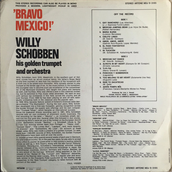 Willy Schobben And His Orchestra - Bravo Mexico! (LP) Vinyl LP Vinyl Very Good (VG) <br> Hoes Good Plus (G+)
