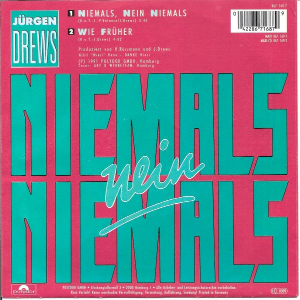 Jürgen Drews - Niemals, Nein Niemals Vinyl Singles Vinyl Goed / Hoes Goed