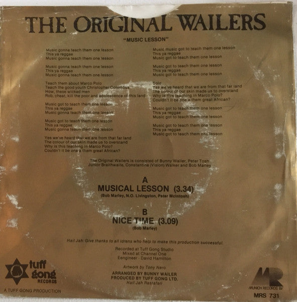 Wailers - Musical Lesson Vinyl Singles Vinyl Very Good (VG) <br> Hoes Good Plus (G+)